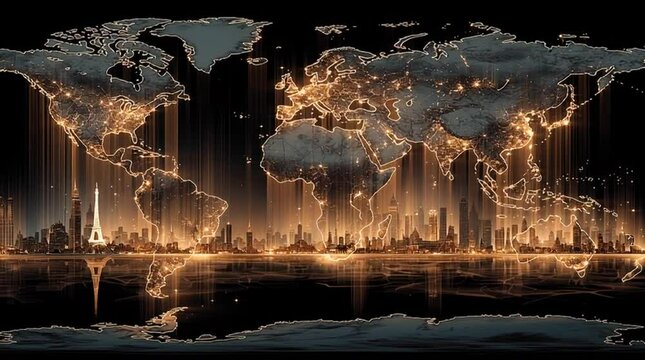 a stylized world map glowing with diverse lighting styles from different countries, minimal design, futuristic cityscapes, warm ambient lights, architectural lighting in Paris, Tokyo, New York