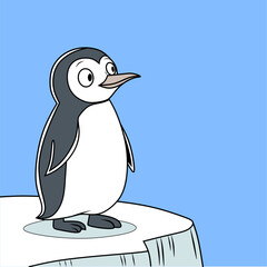 Vector illustration of a cute cartoon penguin standing on an ice floe with a blue background. Perfect for educational and kids' projects.