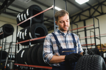 Mechanic measuring tire tread depth in automobile service centre