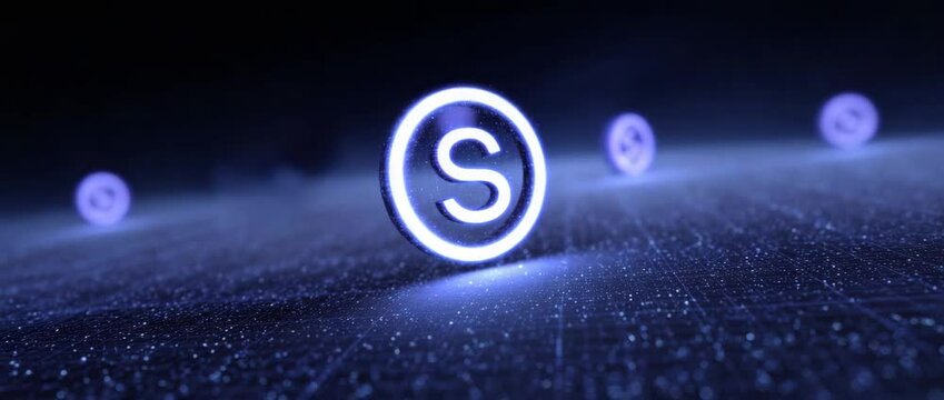 Letter S Logo Glows in Dark: Glowing logo featuring the letter S, surrounded by dim circles on a dark speckled background, symbolizing modernity and innovation.