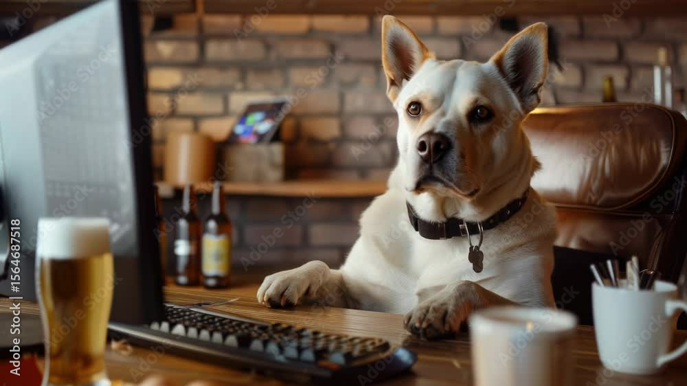 Poster A dog sitting in front of a computer on a desk, perfect for office or home use
