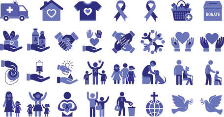 An array of blue icons representing charity, care, and support on a white background collection of symbols