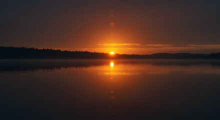Fototapeta premium Serene Sunrise: Lake Reflections in Fiery Hues