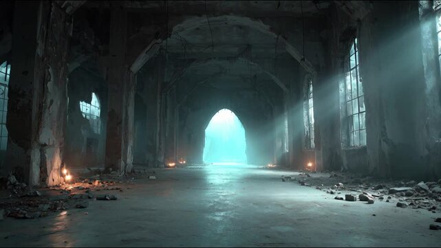 The camera pans inside an abandoned building with an arched door at the end of the corridor, where cold light shines through the dust and fog.