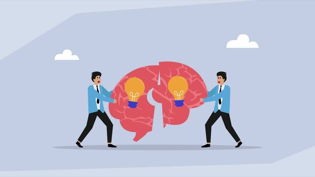 Business Collaboration Concept with Two People Sharing Ideas and Brain Halves cartoon animation