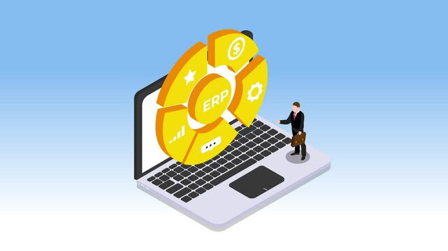 laptop displaying a segmented, circular ERP diagram with icons representing key business modules like finance, operations, communication, and analysis 3d animation cartoon