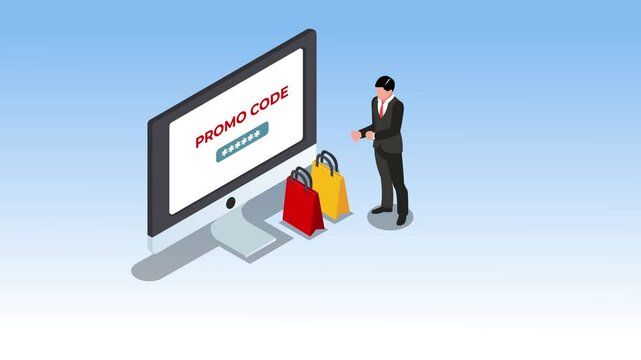 businessman next to a computer monitor displaying PROMO CODE and input fields, with shopping bags nearby 3d animation cartoon