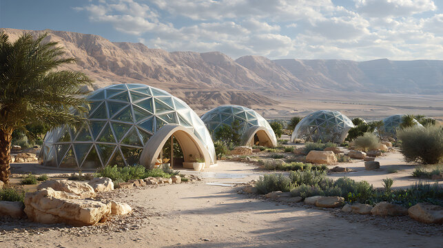 Desert landscape with geodesic domes architecture and sustainable living concept travel destination 100