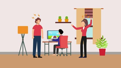 g a tense scene in what appears to be a home office or casual workspace cartoon animation