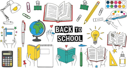 A colorful back to school illustration featuring books, stationery, and educational elements spread out
