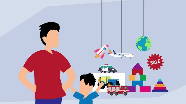 A boy asking the adult to buy some of the toys. The scene captures the common desire of children for new playthings cartoon animation