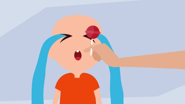 a bald child in an orange shirt crying intensely with exaggerated tears, while a hand offers a red lollipop from the right side of the frame cartoon animation