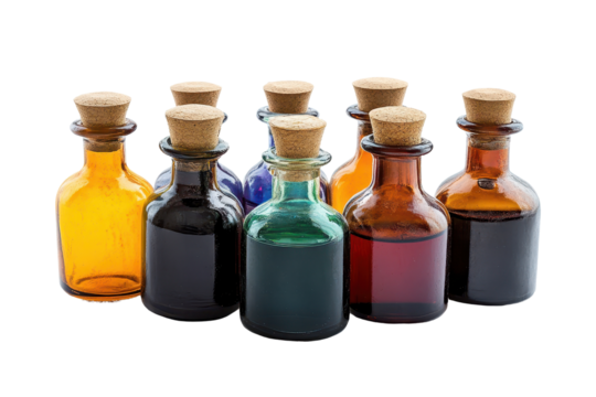 Colorful collection of alchemical bottles arranged neatly against a white background showcasing various liquids in different shades