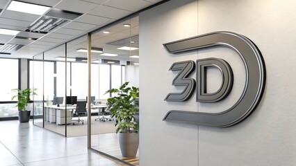 A modern office space with glass walls and a large 3d logo on the wall near potted plants