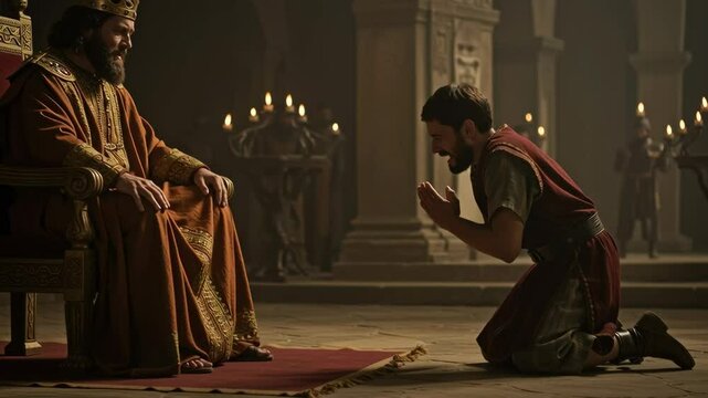 Parable of a merciless debtor.Biblical parable concept. Medieval history and royalty.