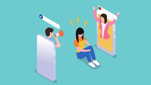 woman sitting on the floor, seemingly overwhelmed by online harassment and negativity, with a person shouting through a megaphone 3d animation cartoon