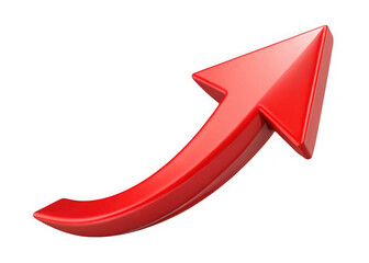 A shiny red arrow curves upwards indicating progress and growth isolated on transparent background