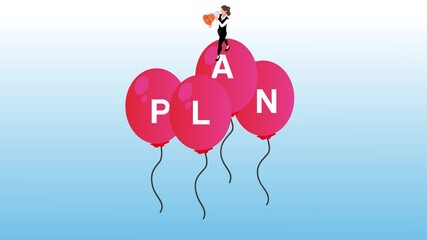 businesswoman stands on balloons spelling PLAN and speaks into a megaphone, symbolizing communication, strategy, and announcing a new initiative 3d animation cartoon - Powered by Adobe