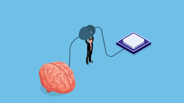 businessman connects a human brain to a computer chip with power plugs, symbolizing the integration of human intelligence with AI and technological advancement 3d animation cartoon