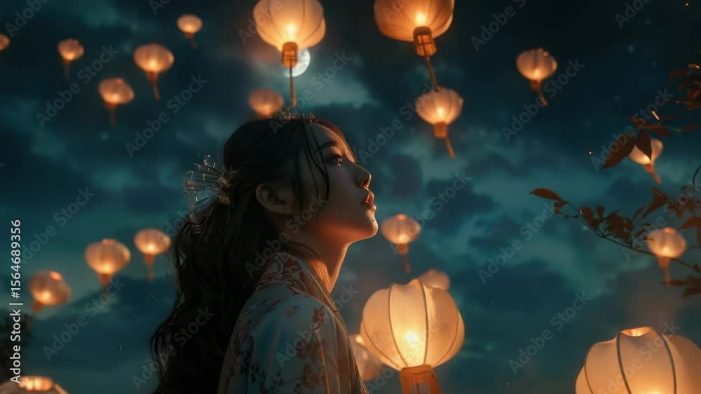 Aufkleber A woman stands in front of a colorful array of paper lanterns, suitable for decoration or event photography