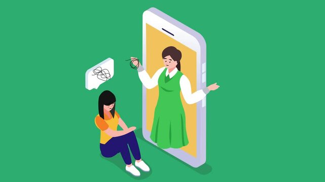 A distressed person sits near a smartphone displaying a virtual therapist offering support and unraveling tangled thoughts 3d animation cartoon