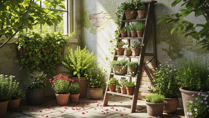 Sunlit Greenhouse Corner with Various Plants on Rustic Wooden Ladder