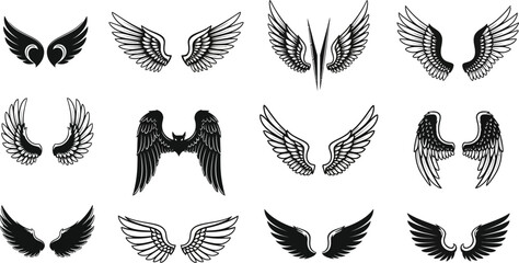 Collection of twelve different black and white vector wing designs on a white background displayed in rows