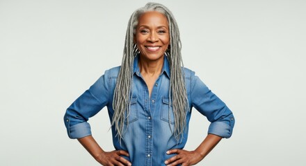 Smiling confident mature woman with gray hair wearing denim shirt