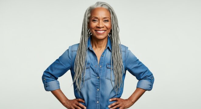 Smiling confident mature woman with gray hair wearing denim shirt - Powered by Adobe