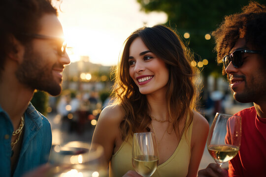 Friends enjoying outdoor drinks at sunset