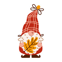 Cute autumn gnome. A funny elf with a beard holds a yellow oak leaf. Magic character of Scandinavian folklore. A dwarf in a checkered hat with a bow. Vector illustration for Thanksgiving, fall party