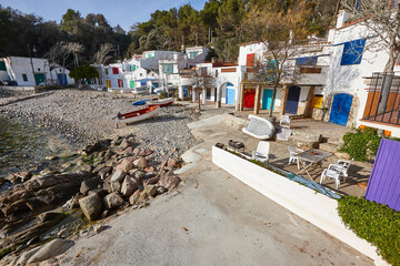 Picturesque colorful mediterranean shoreline in Girona. Salguer cove. Fisherman houses