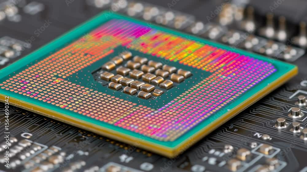 Poster close-up of colorful cpu pins reflecting on pcb traces with intricate details and patterns