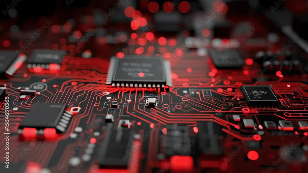Poster close-up of a circuit board featuring a floating microchip on a vibrant red background