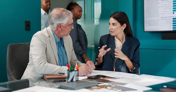 Floor plan, discussion or business people in meeting for architecture project, charts or teamwork. Paperwork, talk or architects in office with feedback report for blueprint, engineering or documents