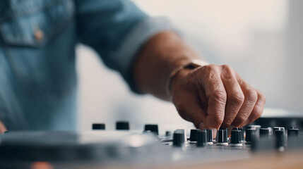 Closeup of a hand manipulating knobs on a DJ mixing console. Represents control, music production, and creative sound design. Perfect for audio or entertainment industry visuals.