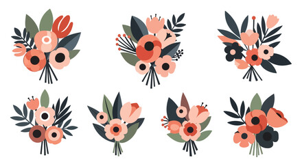 Minimalist Floral Bouquet Set – Modern Flat Vector Flower Arrangement