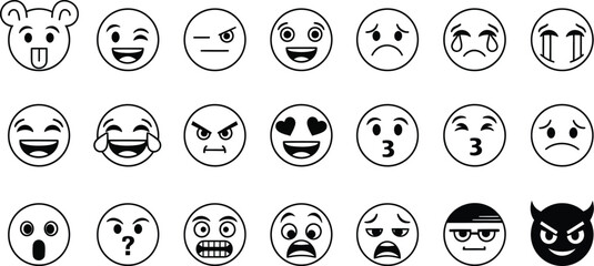 A collection of twenty one different black and white outline emoji faces expressing various emotions