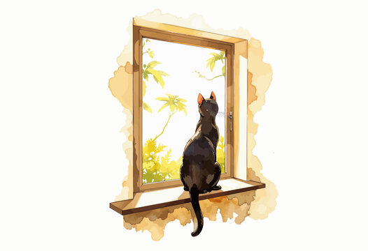 Black cat sitting on windowsill and looking outside at greenery  
