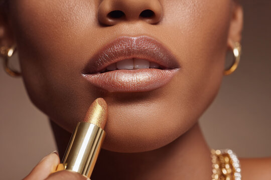 Close-up shot of a beautiful model with a neutral face and gold lipstick being applied, highlighting the metallic and shimmery effect