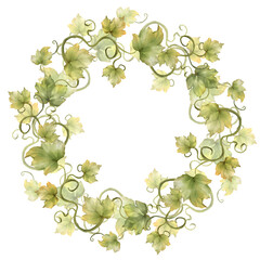 Hand-drawn wreath of autumn leaves and curling vines in soft green and yellow hues