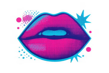 Pink and blue lips displaying sensual style through halftone pattern, floating against transparent background