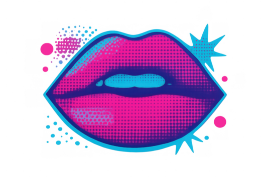 Pink and blue lips displaying sensual style through halftone pattern, floating against transparent background