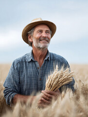 Fototapeta premium Happy farmer holding wheat in field, looks hopefully towards the future. Represents success, harvest, and a connection to the land. Ideal for agriculture, food themes.