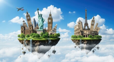 Amazing Floating Islands Showcasing World Landmarks Under a Beautiful Sky