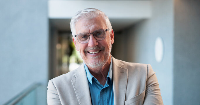 Portrait, mature and conference with business man for about us, stock broker speaker and pride. Seminar expo, professional and financial advisor with person in office for event and opportunity