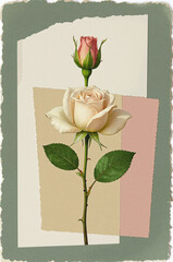 a single rose with a white petal and a pink tip, set against a layered background of light-colored papers with a green border