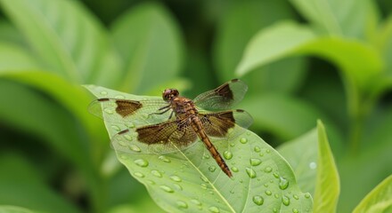 Dragonfly resting on a wet leaf with blurred green foliage background