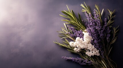 Lavender bouquet in ceramic jug with pastel eggs on rustic wooden table