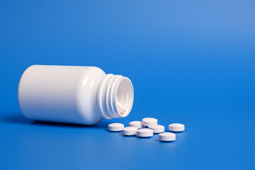 White Pills Spilling from Bottle, Minimalist Medical Concept, Blue Background